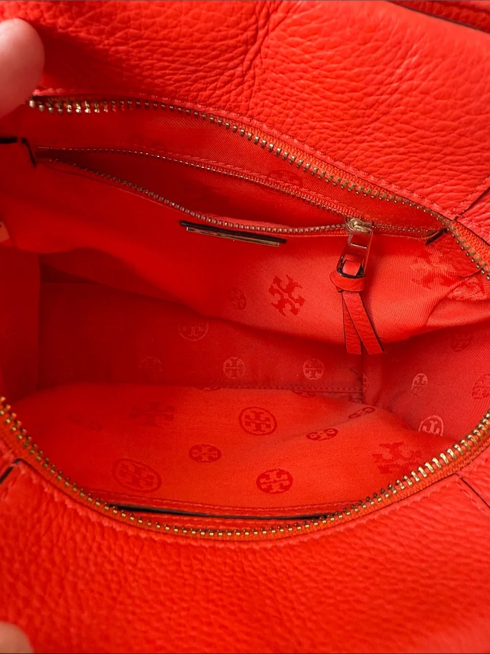 Tory Burch Coral-Red Pebbled Leather Mini Satchel with Detachable Strap